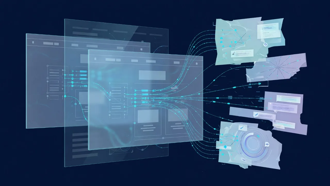 Abstrakte 3D-Ebenen mit cyanfarbenen Datenpfaden zwischen Website-Struktur und generativen Antwortfragmenten