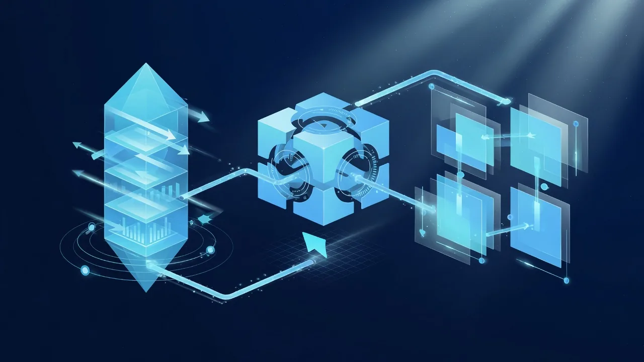 Abstraktes 3D-System aus cyanfarbenen Modulen für Ladezeit, Interaktion und Layoutstabilität
